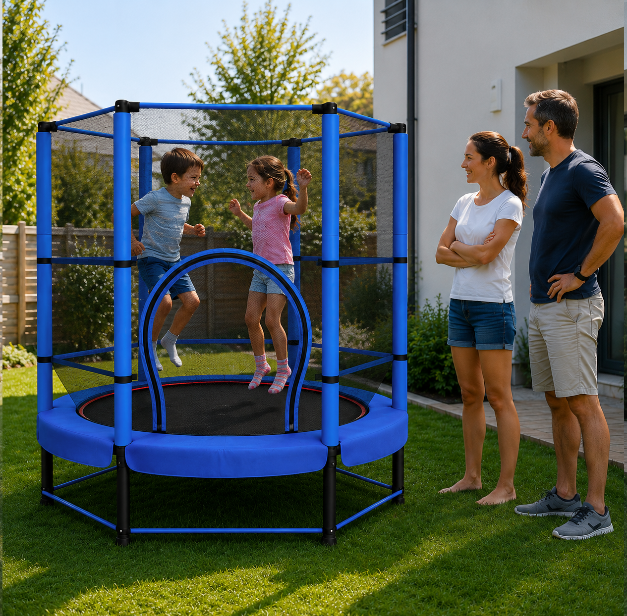 Family watching children play on a blue trampoline in a backyard.